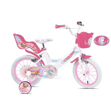 BICICLETTA 16 POLLICI DA BAMBINA CON ROTELLE + CESTINO - UNICORNO