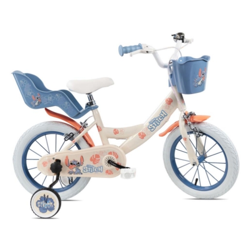 BICICLETTA 14 POLLICI DA BAMBINA CON ROTELLE + CESTINO - STITCH 