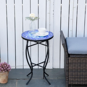 TAVOLINO DECORATIVO DA GIARDINO ROTONDO CON MOSAICO 35.5X53.5CM BIANCO E BLU