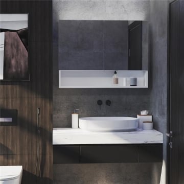 ARMADIETTO CON SPECCHIO A MURO E LUCI A LED E RIPIANO 80X15X60CM