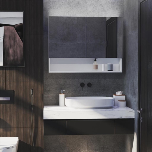 ARMADIETTO CON SPECCHIO A MURO E LUCI A LED E RIPIANO 80X15X60CM