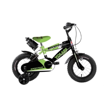 BICICLETTA SPORTIVA PER BAMBINI 12 POLLICI CON ROTELLE + PORTABORRACCIA - COLORE VERDE E NERA