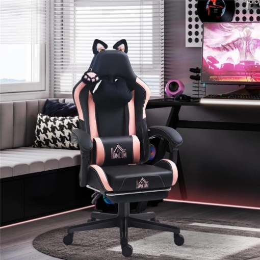 SEDIA DA GAMING RECLINABILE CON POGGIAPIEDI E CUSCINI, IN FINTA PELLE E SPUGNA, 65X62X116-124 CM, ROSA E NERO