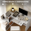 SCRIVANIA ANGOLARE MODERNA CON RIPIANO SCORREVOLE PER TASTIERA E SCAFFALE A 4 RIPIANI, BIANCO