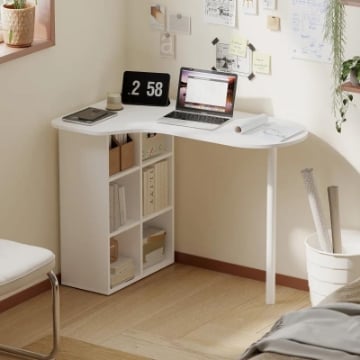 SCRIVANIA PER CAMERA RICURVA CON 6 RIPIANI E 4 SCAFFALI REGOLABILI, IN ACCIAIO E LEGNO, 100X59X75.5 CM, BIANCO