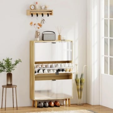 SCARPIERA SLIM MODERNA CON 3 CASSETTI RIBALTABILI PER 24 PAIA DI SCARPE, 80X24X127 CM, BIANCO