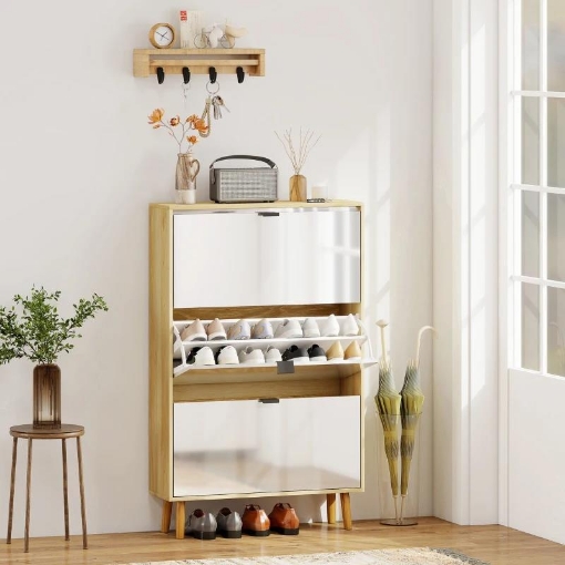 SCARPIERA SLIM MODERNA CON 3 CASSETTI RIBALTABILI PER 24 PAIA DI SCARPE, 80X24X127 CM, BIANCO