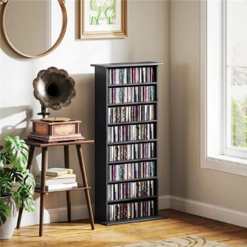 SCAFFALE PORTA CD CON 6 RIPIANI REGOLABILI CAPACITÀ DI 360 CD/185 DVD 58X24X124.5 CM NERO
