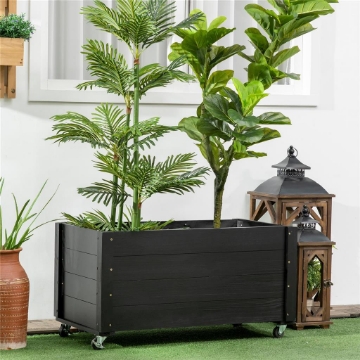 FIORIERA DA GIARDINO CON FORO DI DRENAGGIO E ROTELLE, IN LEGNO DI ABETE, 89X48X47 CM, NERA