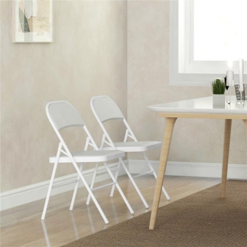 SET 2 SEDIE PIEGHEVOLI IMBOTTITE IN FINTA PELLE PU E METALLO, 45X46X78 CM, BIANCO