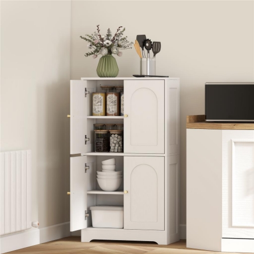 CREDENZA CUCINA IN LEGNO CON 2 ARMADIETTI, 4 ANTE, 2 RIPIANI REGOLABILI, PER SALA DA PRANZO, SOGGIORNO, BIANCO