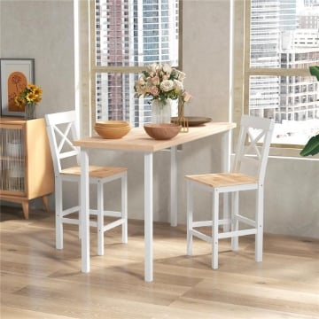 SET DI 2 SGABELLI BAR, SGABELLI CUCINA ALTI CON SCHIENALE ALTO, POGGIAPIEDI, IN LEGNO DI PINO, NATURALE E BIANCO