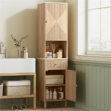 COLONNA BAGNO CON CASSETTO, 2 ARMADIETTI E RIPIANI REGOLABILI, RIPIANO EFFETTO MARMO, 41.5X30X168 CM, ROVERE