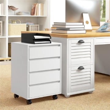 CASSETTIERA DA UFFICIO CON 4 CASSETTI E RUOTE CON FRENO IN LEGNO MDF, 46X40X65 CM, BIANCO