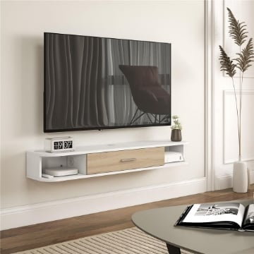 MOBILE TV DA PARETE PER TV FINO A 50 POLLICI CON SCOMPARTI APERTI E ARMADIO CON ANTA RIBALTABILE, BIANCO