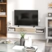 MOBILE TV DA PARETE PER TV FINO A 50 POLLICI CON SCOMPARTI APERTI E ARMADIO CON ANTA RIBALTABILE, BIANCO