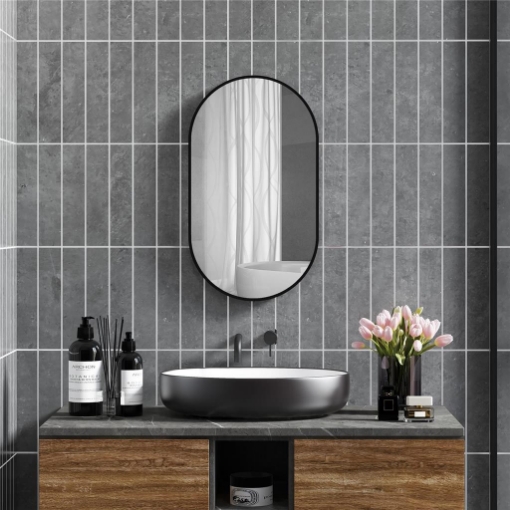 SPECCHIO BAGNO OVALE DA PARETE CON CORNICE IN ALLUMINIO, VERTICALE O ORIZZONTALE, 40X70CM, NERO