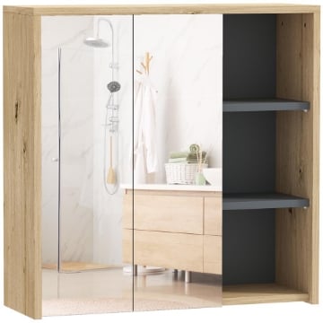 SPECCHIO BAGNO CONTENITORE CON 2 ANTE, 60X20X60 CM MOBILE BAGNO CON SPECCHIO, SCOMPARTO APERTO, NATURALE