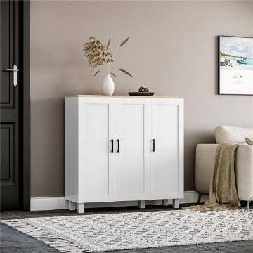 CREDENZA CUCINA IN LEGNO A 3 ANTE, RIPIANI REGOLABILI, STILE MINIMALISTA NORDICO, 90X30X90CM, BIANCO