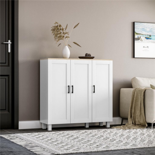 CREDENZA CUCINA IN LEGNO A 3 ANTE, RIPIANI REGOLABILI, STILE MINIMALISTA NORDICO, 90X30X90CM, BIANCO