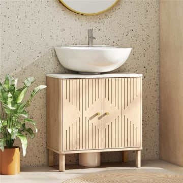 MOBILE SOTTOLAVABO A 2 ANTE CON RIPIANO EFFETTO MARMO E MENSOLA REGOLABILE, ROVERE