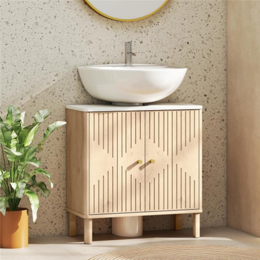 MOBILE SOTTOLAVABO A 2 ANTE CON RIPIANO EFFETTO MARMO E MENSOLA REGOLABILE, ROVERE