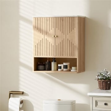 ARMADIETTO BAGNO A PARETE CON RIPIANO APERTO E ANTE DECORATE, PIANO EFFETTO MARMO, 60X18X70 CM, ROVERE
