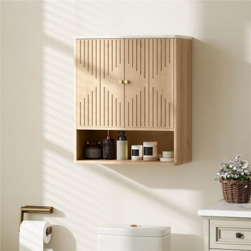 ARMADIETTO BAGNO A PARETE CON RIPIANO APERTO E ANTE DECORATE, PIANO EFFETTO MARMO, 60X18X70 CM, ROVERE