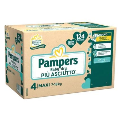 PAMPERS BABY DRY TAGLIA 4 MAXI 124 PANNOLINI – PROTEZIONE ASCIUTTO GIORNO E NOTTE