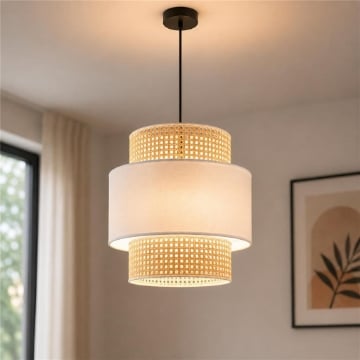 LAMPADARIO A SOSPENSIONE IN VIMINI BEIGE E BIANCO Ø45 X H44 CM – LAMPADA DA SOFFITTO