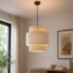 LAMPADARIO A SOSPENSIONE STILE INDUSTRIAL CON PARALUME EFFETTO LINO CREMA E BIANCO Ø40 X H44,5 CM
