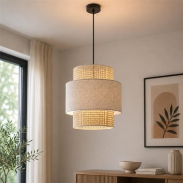 LAMPADARIO A SOSPENSIONE STILE INDUSTRIAL CON PARALUME EFFETTO LINO CREMA E BIANCO Ø40 X H44,5 CM