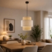 LAMPADARIO A SOSPENSIONE STILE INDUSTRIAL CON PARALUME EFFETTO LINO CREMA E BIANCO Ø40 X H44,5 CM