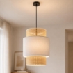 LAMPADARIO A SOSPENSIONE STILE INDUSTRIAL CON PARALUME EFFETTO LINO CREMA E BIANCO Ø30 X H44 CM