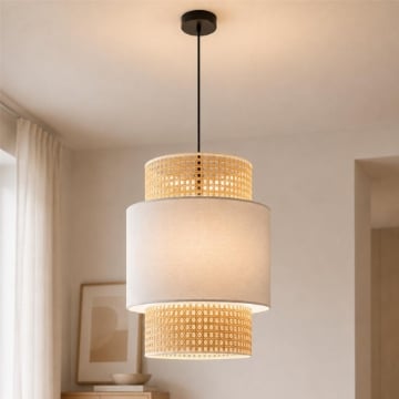 LAMPADARIO A SOSPENSIONE STILE INDUSTRIAL CON PARALUME EFFETTO LINO CREMA E BIANCO Ø30 X H44 CM