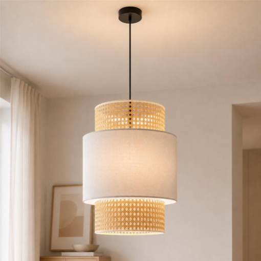 LAMPADARIO A SOSPENSIONE STILE INDUSTRIAL CON PARALUME EFFETTO LINO CREMA E BIANCO Ø30 X H44 CM