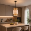 LAMPADARIO A SOSPENSIONE STILE INDUSTRIAL CON PARALUME EFFETTO LINO CREMA E BIANCO Ø30 X H44 CM