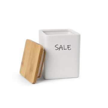 BARATTOLO QUADRATO CERAMICA CON TOP LEGNO 10X13 CM PER SALE
