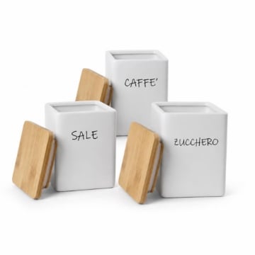 MAURY'S TRIS BARATTOLI QUADRATI CERAMICA TOP LEGNO 10X13CM SALE,ZUCCHERO E CAFFÈ E CHIUSURA ERMETICA AD INCASTRO 