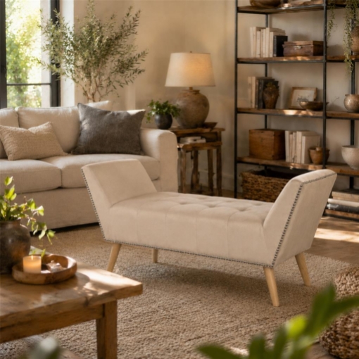PANCA IN VELLUTO CON GAMBE IN LEGNO 117 X 40 X 60 CM IN COLORE BEIGE