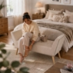 PANCA IN VELLUTO CON GAMBE IN LEGNO 117 X 40 X 60 CM IN COLORE BEIGE
