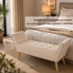 PANCA IN VELLUTO CON GAMBE IN LEGNO 117 X 40 X 60 CM IN COLORE BEIGE