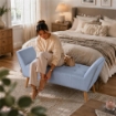 PANCA IN VELLUTO CON GAMBE LEGNO 117 X 40 X 60 CM IN COLORE CIELO