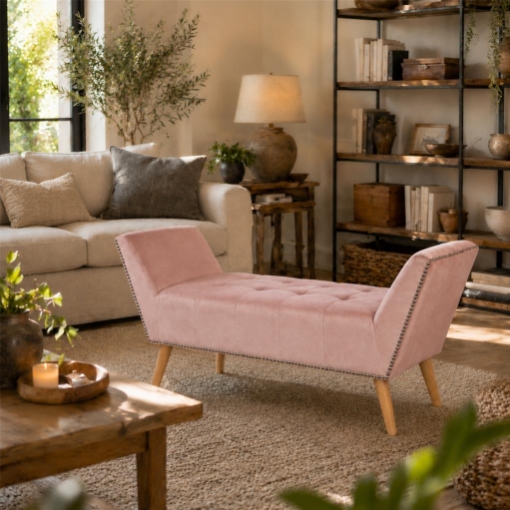 PANCA IN VELLUTO CON GAMBE LEGNO 117 X 40 X 60 CM IN COLORE ROSA ANTICO
