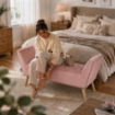 PANCA IN VELLUTO CON GAMBE LEGNO 117 X 40 X 60 CM IN COLORE ROSA ANTICO