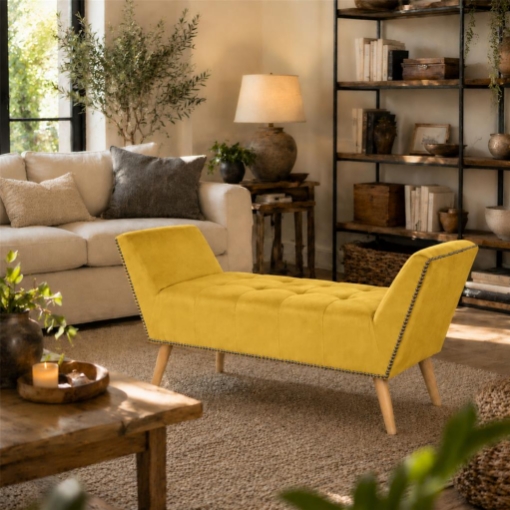PANCA IN VELLUTO CON GAMBE LEGNO 117 X 40 X 60 CM IN COLORE GIALLO ORO