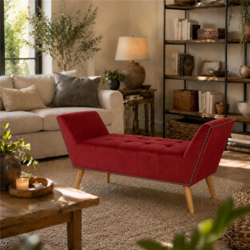 PANCA IN VELLUTO CON GAMBE LEGNO 117 X 40 X 60 CM IN COLORE BORDEAUX
