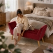 PANCA IN VELLUTO CON GAMBE LEGNO 117 X 40 X 60 CM IN COLORE BORDEAUX