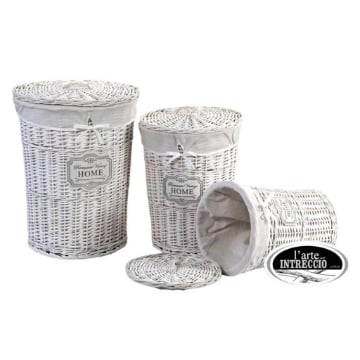 SET DI 3 CESTI PORTA BIANCHERIA SWEET HOME IN COLORE BIANCO VINTAGE