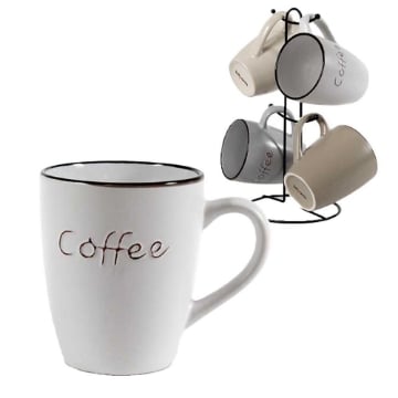 SET 4 TAZZE MUG CON STAND IN METALLO DA 360ML IN DECORO SCRITTA COFFEE E COLORI VARI